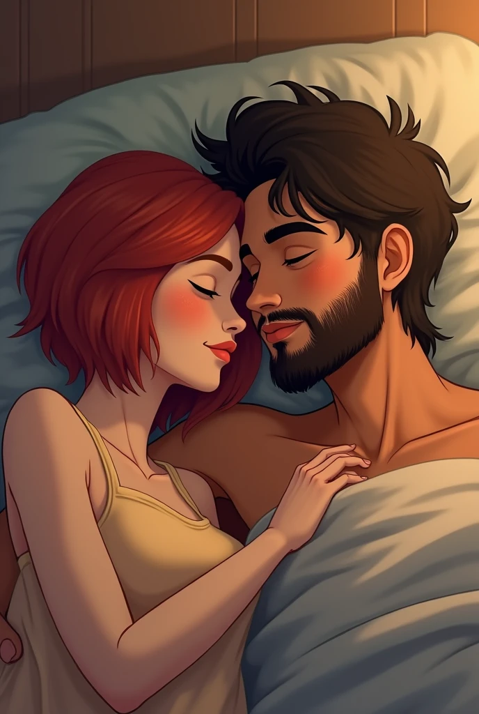 short hair girl, redhead and white. In bed next to her boyfriend, a medium tan, short, unkempt beard and long hair