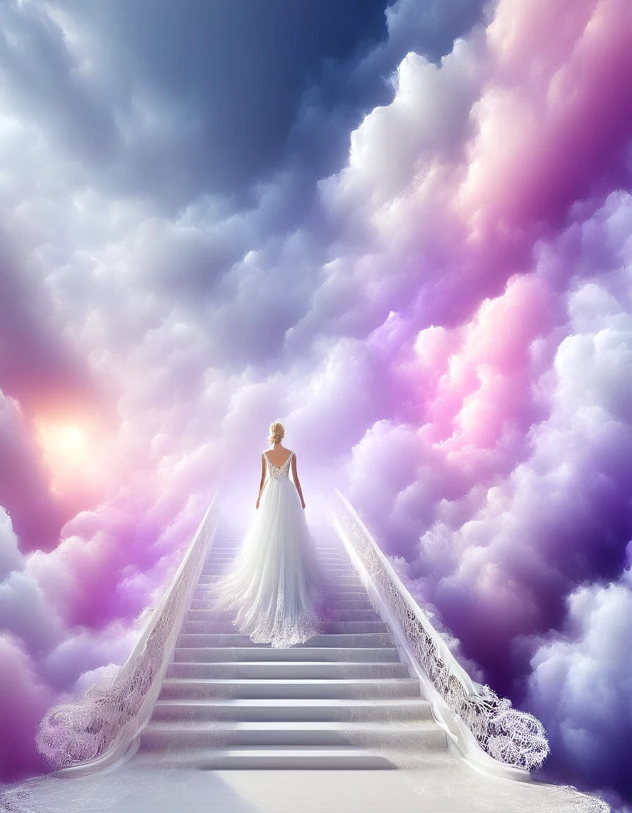 Tyndall phenomenon,white staircase to heaven, beautiful blonde, Best quality, super detailed, valid,professional,white fluffy lace wedding dress, extravagant development, lots of lace on the dress, Rows of pale pink and violet rays, cloud, light multi-colored fog,White minimalist, partial reflection,Desktop wallpaper,Love is light, 8 K,12K,