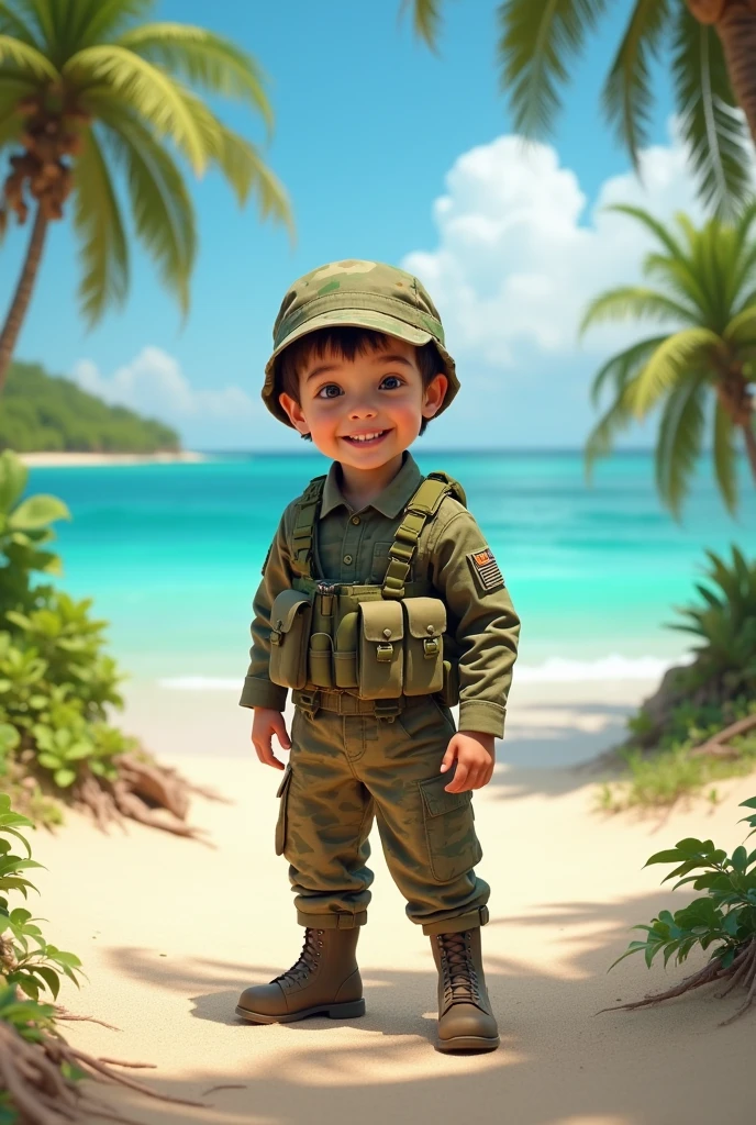 Cute smiling child in paratrooper uniform and military cap at landing site on exotic beach in realistic full body style