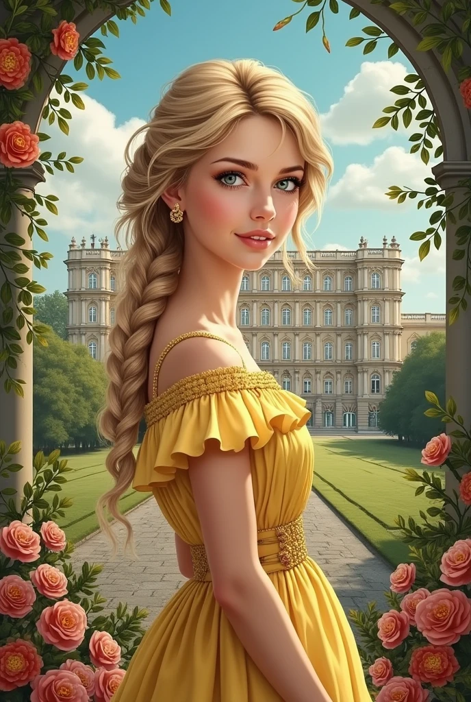 Create for me the image of the cover of my book the title (Anne's Fate) write the name in Portuguese and put my author name Kelly Ramos put a palace in the background, flowers and a young woman with an angelic face, a very realistic image of blond hair and green eyes wearing a yellow dress from the 1910s