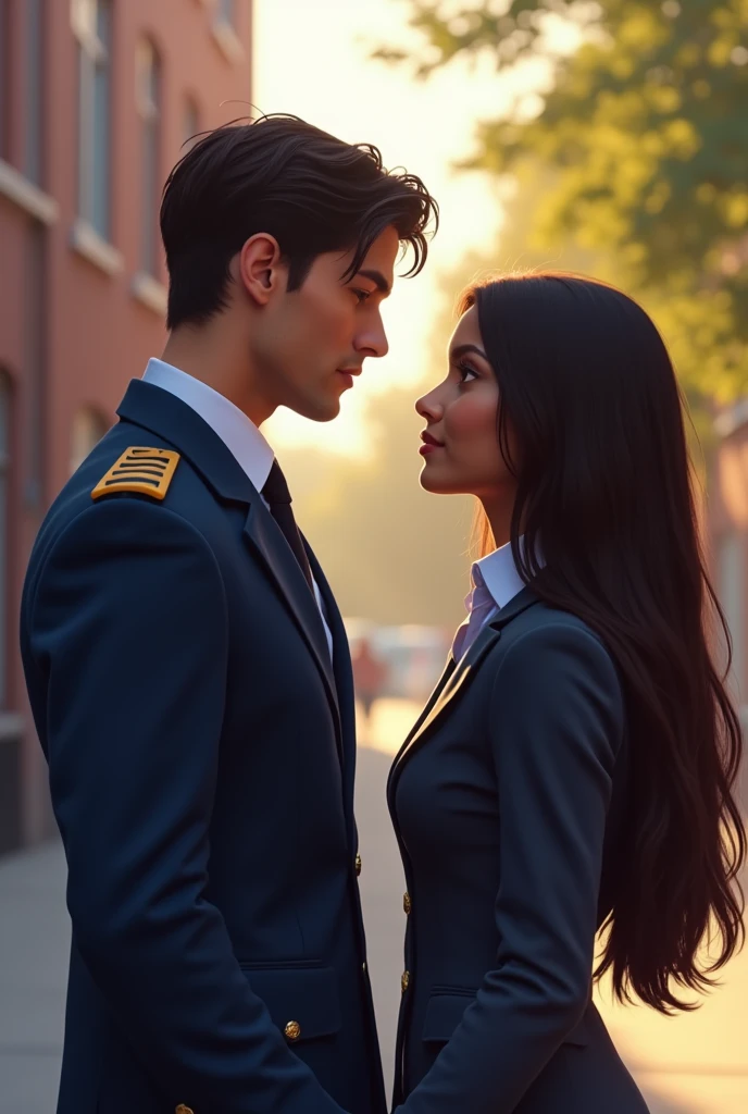 Kit Connor in a smart navy blue uniform at a high school flirting with a dark skinned girl, Long hair, Dark brown straight hair, The young woman has her back to him.