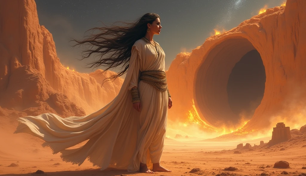 A huge hole in the middle of the burning desert, mountains around, starry sky, A beautiful Persian warrior woman, looking at it, (masterpiece), full hd, best quality, 1 girl, solo, , beautiful, shapely, big hips, big breasts, innocent, Pure, delicate, Proportional body, perfect body figure, cold face, long hair flying in the wind, Photos with depth, wind, (masterpiece), full hd, best quality, expressive eyes, face perfect, 1 girl, solo, Portrait of an ancient Persian female warrior wearing armor fighting fiercely in the desert, In the distance is an ancient temple, long legs