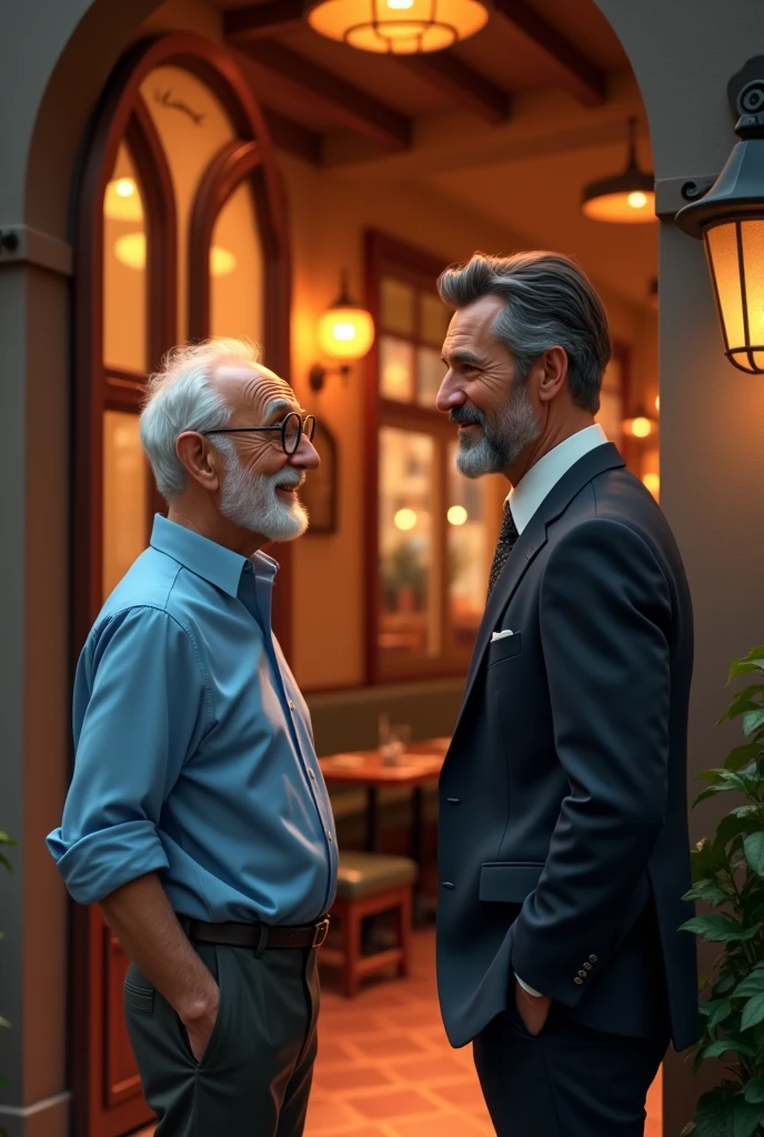 A handsome old man with blue shirt talking to a handsome guy with black suit at the door of a restaurant, pixar disney style, cinematic, masterpiece, high-aesthetic , portrait