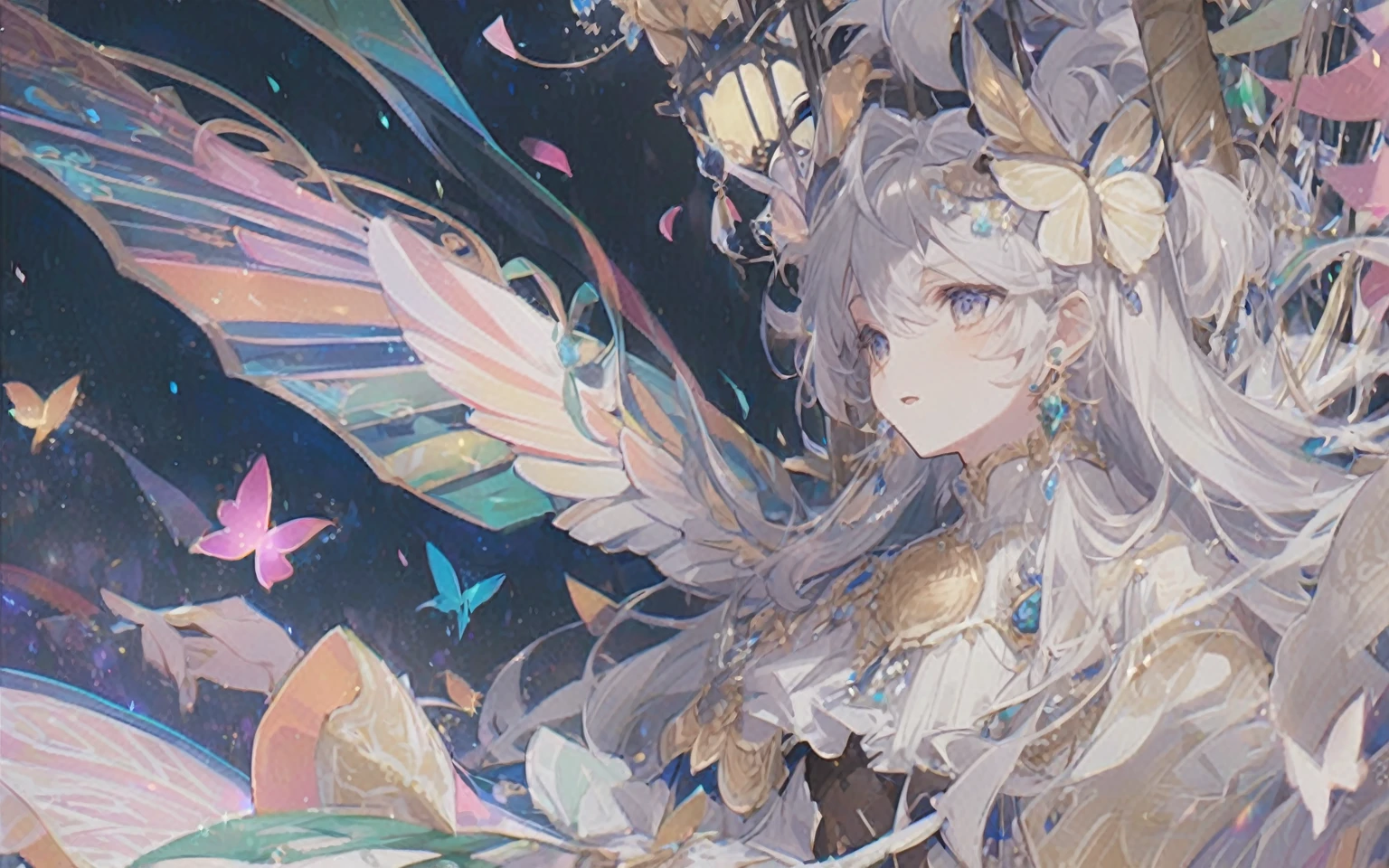 male、wing、Silver Hair、gem、accessories、Thin cloth attire、exotic、Lights that illuminate the night、Fluttering、A flurry of feathers and confetti。