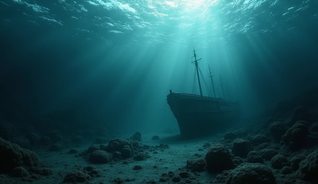 A cinematic and dark depiction of the deep ocean, creating a mysterious and foreboding atmosphere. The violent, chaotic waves crash above, their fury evident in the roiling surface. As the image descends into the depths, the waters grow eerily calm, yet heavy with shadows that hint at the unknown. At the ocean floor, ancient shipwrecks from forgotten eras lie in ghostly silence, encrusted with algae and coral, their once-proud structures now decaying relics of the past. A faint, dim light filters from the surface, casting a ghostly glow over the scene, barely illuminating the eerie remnants, evoking a sense of ancient mystery and lost history., Surrealism, Hyperrealism, UHD, retina, masterpiece, accurate, anatomically correct, textured skin, super detail, award winning, 16k