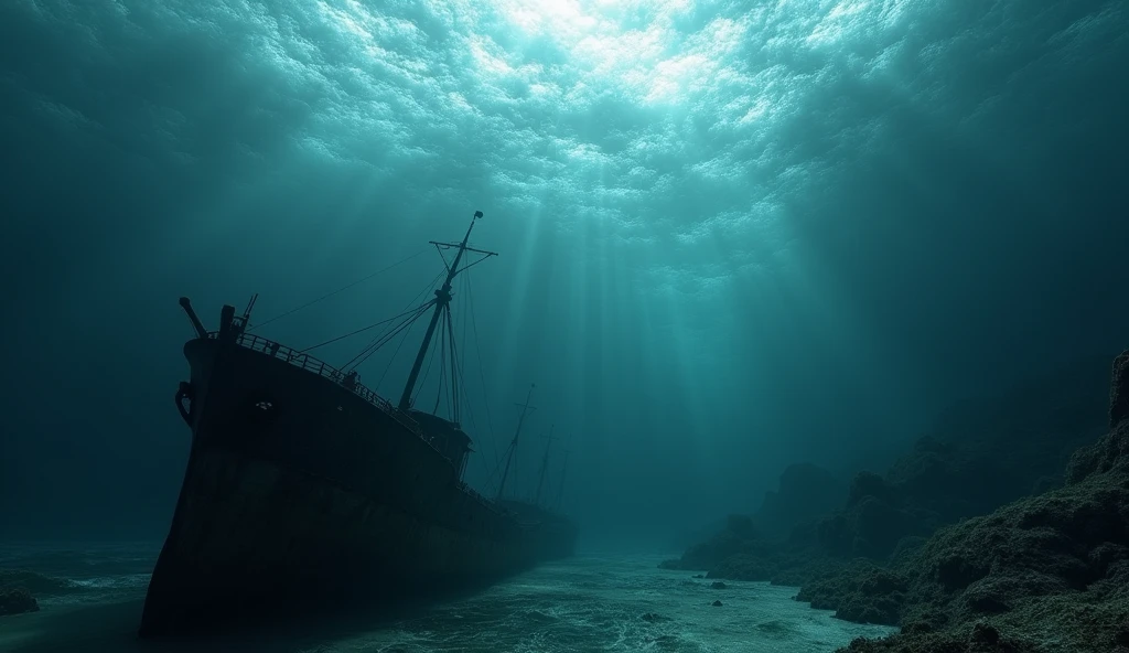 A cinematic and dark depiction of the deep ocean, creating a mysterious and foreboding atmosphere. The violent, chaotic waves crash above, their fury evident in the roiling surface. As the image descends into the depths, the waters grow eerily calm, yet heavy with shadows that hint at the unknown. At the ocean floor, ancient shipwrecks from forgotten eras lie in ghostly silence, encrusted with algae and coral, their once-proud structures now decaying relics of the past. A faint, dim light filters from the surface, casting a ghostly glow over the scene, barely illuminating the eerie remnants, evoking a sense of ancient mystery and lost history., Surrealism, Hyperrealism, UHD, retina, masterpiece, accurate, anatomically correct, textured skin, super detail, award winning, 16k