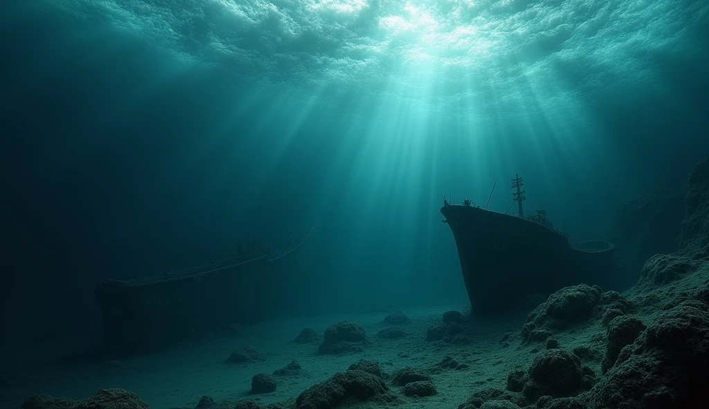 A cinematic and dark depiction of the deep ocean, creating a mysterious and foreboding atmosphere. The violent, chaotic waves crash above, their fury evident in the roiling surface. As the image descends into the depths, the waters grow eerily calm, yet heavy with shadows that hint at the unknown. At the ocean floor, ancient shipwrecks from forgotten eras lie in ghostly silence, encrusted with algae and coral, their once-proud structures now decaying relics of the past. A faint, dim light filters from the surface, casting a ghostly glow over the scene, barely illuminating the eerie remnants, evoking a sense of ancient mystery and lost history., Surrealism, Hyperrealism, UHD, retina, masterpiece, accurate, anatomically correct, textured skin, super detail, award winning, 16k