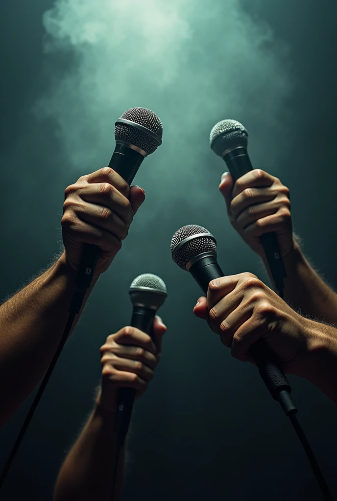 4 muscular hands holding microphones 