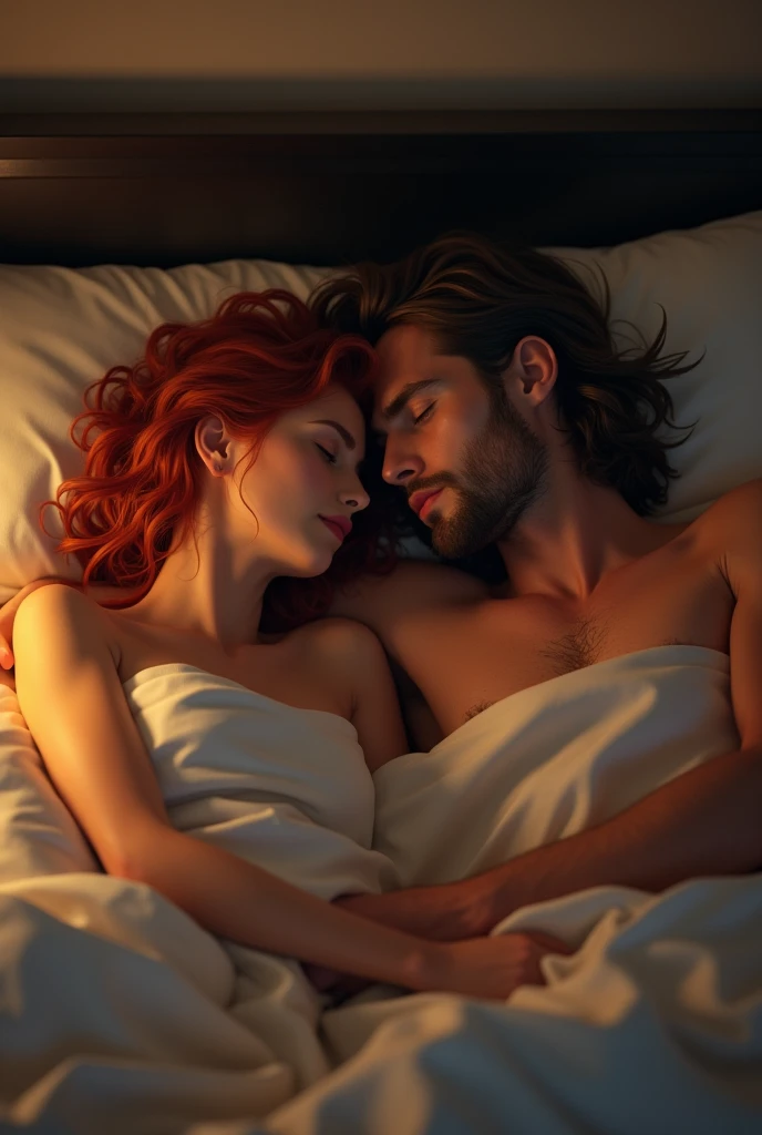 short hair girl, redhead and white. In bed next to her boyfriend, a medium tan, short, unkempt beard and very long hair