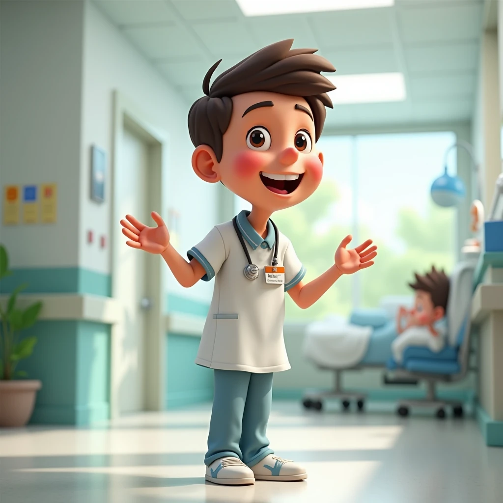 There is an animated character like the character of Reese's child, who is a nurse and has a beautiful smile and leans a little to the left, and the space behind it is inside the hospital, and he compliments, he is a man, he is white, and he is short, and he compliments with his hands.