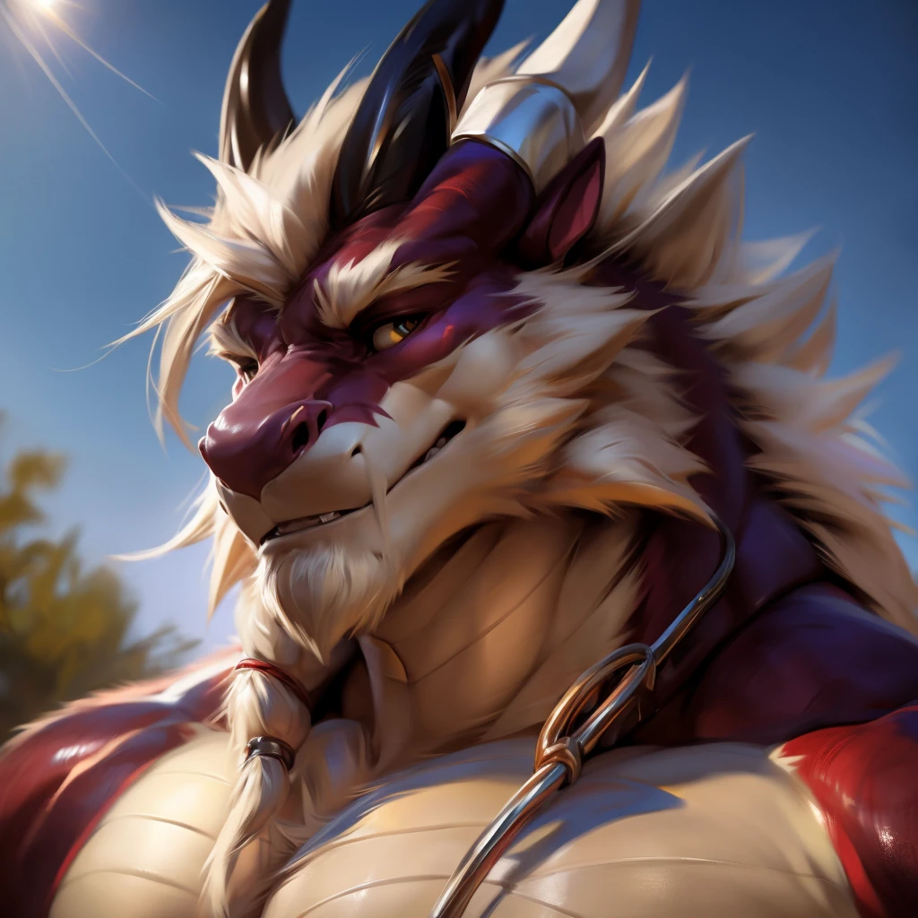 Dragon, Male, Solo, Avoiding eye contact with viewer, handsome face, hair, horn, detailed eyes, detailed face, Park background, Multi-colored body, correct face, Middle-aged, Sexy, Beefcake, Daddy, (Realistic Shadows, Depth of Field, Wide Field of View, Lens Flare, Head Shot), (by Darkgem, by Chunie, by null-ghost),