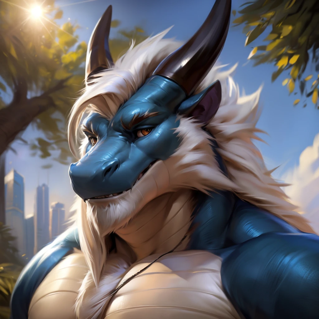 Dragon, Male, Solo, Avoiding eye contact with viewer, handsome face, hair, horn, detailed eyes, detailed face, Park background, Multi-colored body, correct face, Middle-aged, Sexy, Beefcake, Daddy, (Realistic Shadows, Depth of Field, Wide Field of View, Lens Flare, Head Shot), (by Darkgem, by Chunie, by null-ghost),