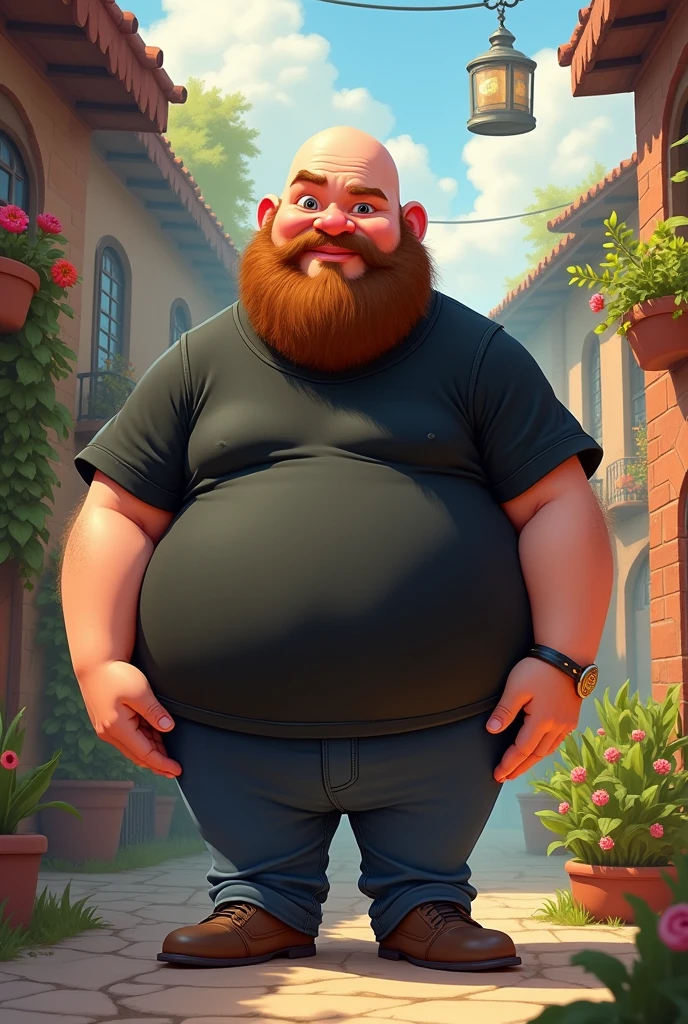 create a disney and pixar style drawing of a bald, chubby and very tall character, with medium beard, and in a black t-shirt and pants.