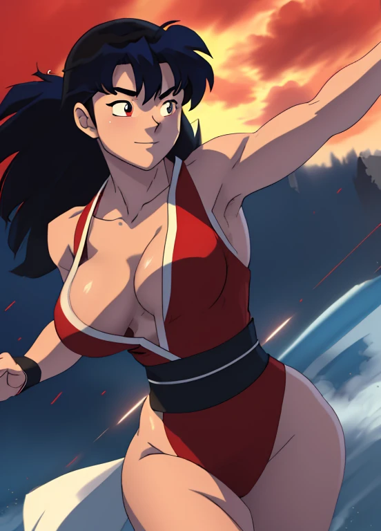 ((Masterpiece)), ((Best Quality)), (4K quality), ((Detailed face:1.2), (Detailed eyes:1.2), (Detailed pupils:1.2), Kagome Higurashi, 2, matured face, beautiful detailed eyes, ultra detailed eyes, extremely detailed face, large breasts, cleavage, very busty, big hips, strong muscles, athletic physique, She stands tall while wearing a red Kunoichi dress. she's looking directly at the camera with an confident smirk. Her gaze is both alluring and fierce, (Running:1.1). ((bouncing breasts, bouncy breasts:1.2)), motion line, Motion Blur. Full body portrait, Perfect Anatomy,(Professional Lighting), 4k textures, raw photo, epic artistic, sharp focus, even lighting, insane details, intricate details, hyperdetailed, rich colors,
