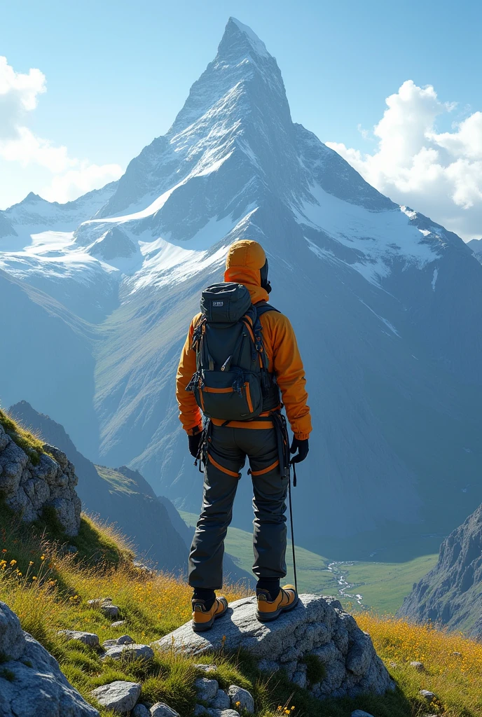 climber at the top of a mountain on the background of meadow photorealistic mountaineering
Climber ascending a mountain at 3:00 seen from behind with bright colors