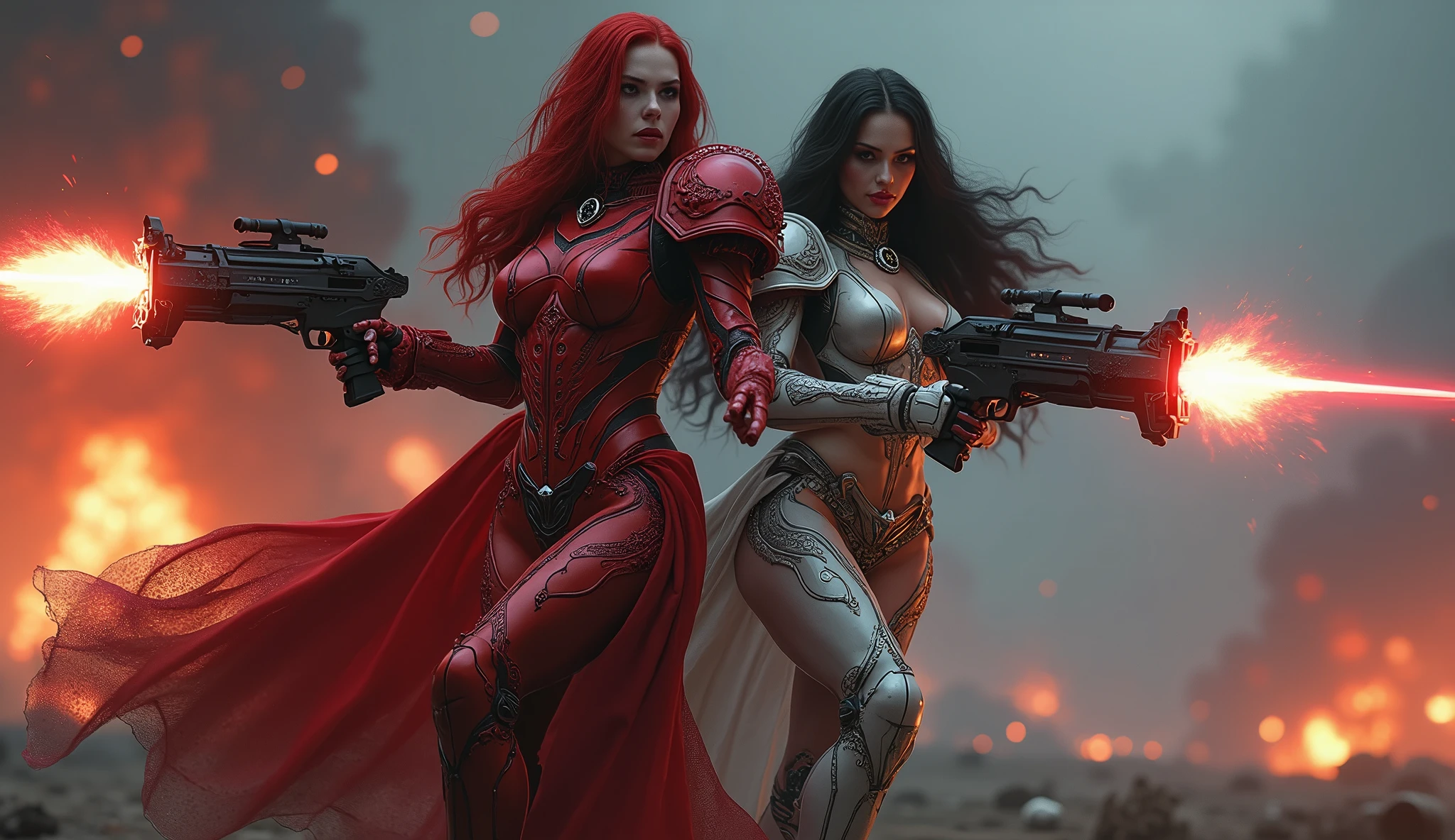 Full body pose sexy sisters of battle from the warhammer 40k, shooting at the enemy, red space marine armor with intricate details, white space marine armor with intricate details, symbols on the armor, sisters of battle, warhammer 40k, Massive exposed silicone breast, pale skin, seductive, temptation, eat your soul, clevage, long red flowing hair, long white flowing hair, long black flowing hair with purple highlights, heavy gothic makeup, at night, neon, beautiful detailed eyes, beautiful detailed lips, extremely detailed eyes and face, long eyelashes, highly detailed armor, intricate futuristic weaponry, dramatic lighting, cinematic composition, muted color palette, gritty and realistic, mecha, science fiction, hyper-detailed, photorealistic, award winning digital art, 8k, HDR, masters work, in the middle of a battle field, full body combat action pose, explosions and fire around, full war, stunning, Stilleto heels, high heels, full body pose, cinematic, movie trailer, final stand!, nemesis, ready to strike, dust and debree, combat screams, attacking, shooting at the enemy, running forward, last line of defense, charging, fanatic, religious, templar knights, sisters of battle, warhammer 40k, shooting at the enemy, bimbo gigantic exposed breast, jetpacks, space marine
