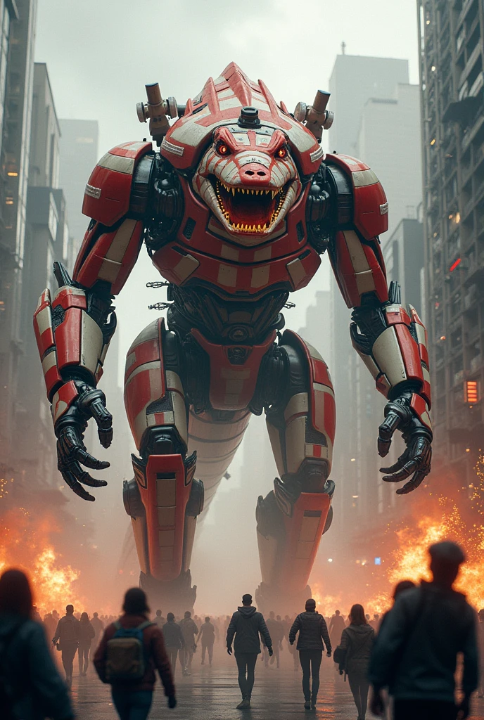 A red and white striped Alligator turned into a fully Aromed robotic machine and destroying city 