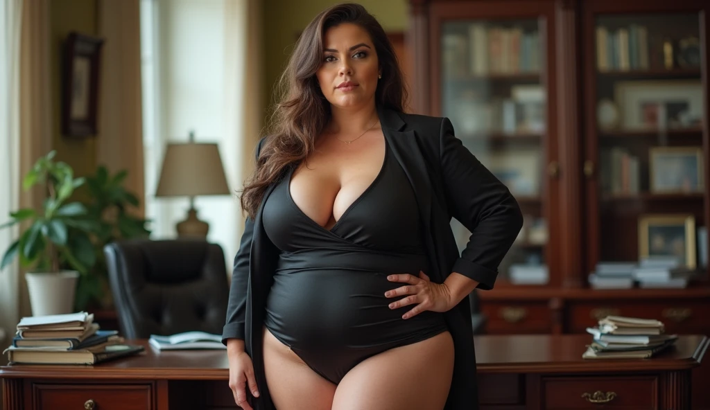 mature woman, 60 years old, wears a mini skirt, is in her office, attractive woman, long hair, curvy, hot chubby, voluminous body, cleavage, large breasts, approximately 60 years old, older mature woman, image from the front, looking for camera, posing, big ass, sex with beautiful woman, stunning, sex with natural mature woman, average size plus size, older woman, 6