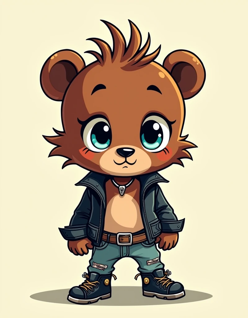 A whimsical cartoonish illustration of a tiny baby [Bear] punk rocker with long hair and big eyes, a messy [Brown] punk hairstyle