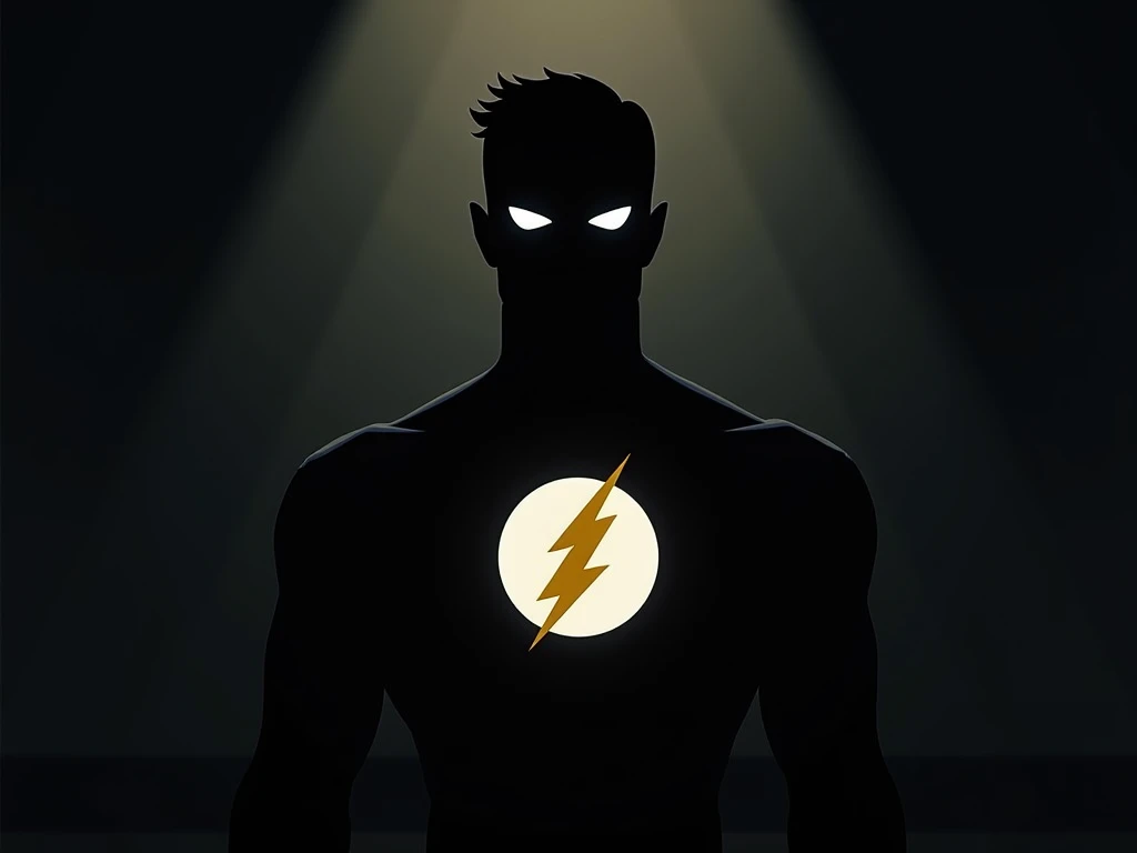 male character, with superhero outfit, dark, just the eye highlighted in white, like Superman, just the silhouette, flash symbol on the chest, flash symbol white circle, yellow lightning, head of a man like Superman, no mask, no type of mask, two eyes,