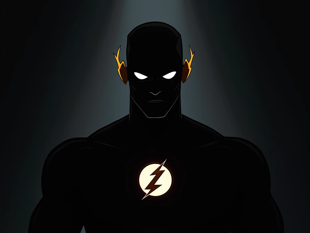 male character, with superhero outfit, dark, just the eye highlighted in white, like Superman, just the silhouette, flash symbol on the chest, flash symbol white circle, yellow lightning, head of a man like Superman, no mask, no type of mask, two eyes,