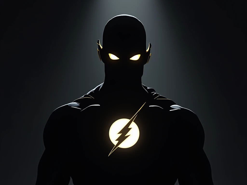 male character, with superhero outfit, dark, just the eye highlighted in white, like Superman, just the silhouette, flash symbol on the chest, flash symbol white circle, yellow lightning, head of a man like Superman, no mask, no type of mask, two eyes,