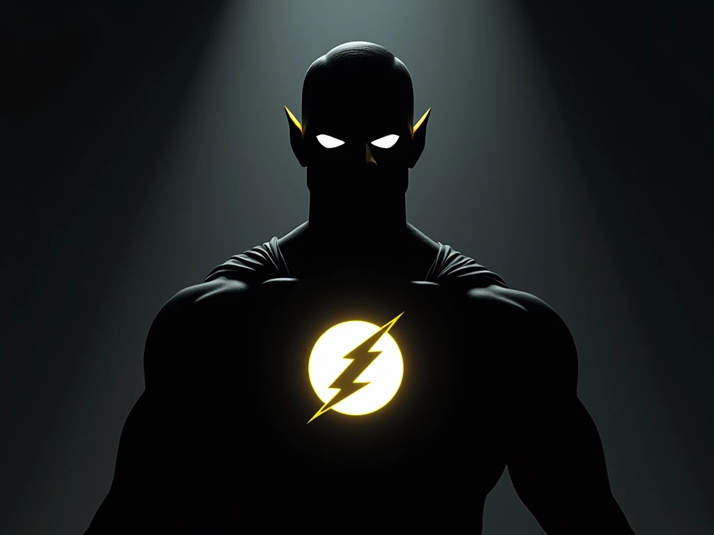 male character, with superhero outfit, dark, just the eye highlighted in white, like Superman, just the silhouette, flash symbol on the chest, flash symbol white circle, yellow lightning, head of a man like Superman, no mask, no type of mask, two eyes,