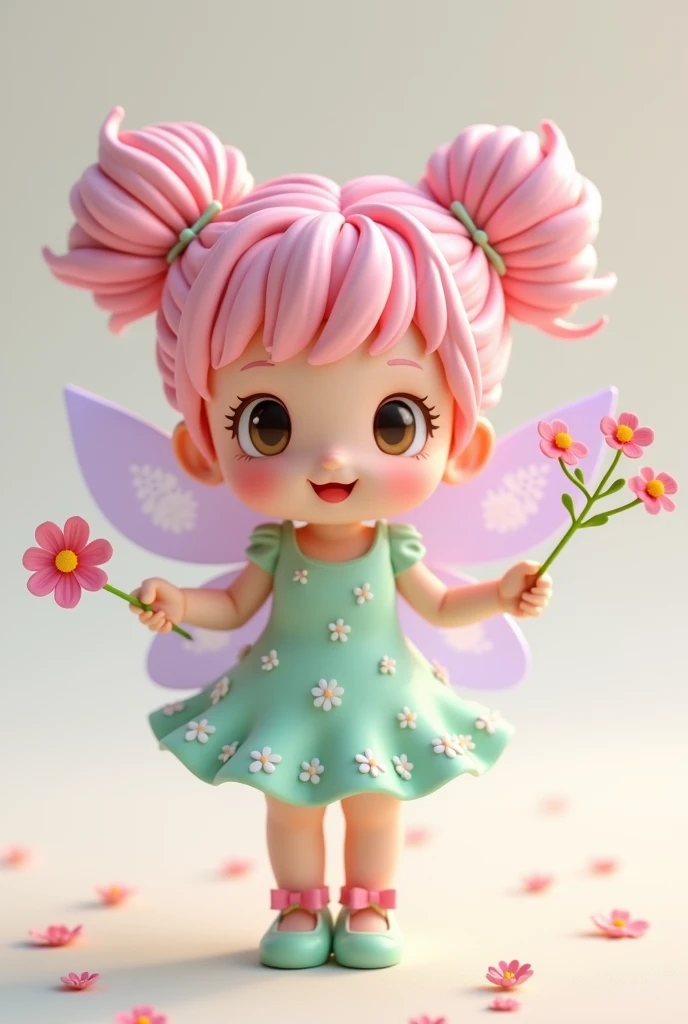  C4D model, a chibi-style fairy, with pastel pink hair styled in twin buns, wearing a mint green dress with tiny white flowers, lavender wings that shimmer, holding a small flower wand. Her shoes are mint green ballet flats with pink bows, and she has a cheerful, playful expression.
