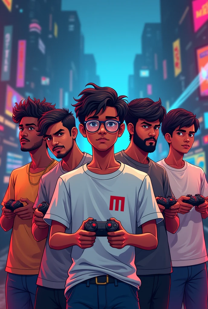 Five young men (ages 16-24) are drawn as gamers (the first guy is wearing round glasses and has a little beard and the letter "V" is written on his t-shirt. One guy is slightly black and has a little beard on his t-shirt. The letter "I" is written on it, another young man is white and slightly wrinkled with the letter "M" on his shirt. All five young people are from Sri Lanka. Provide a photo with a gaming background that can be used for a YouTube channel logo.