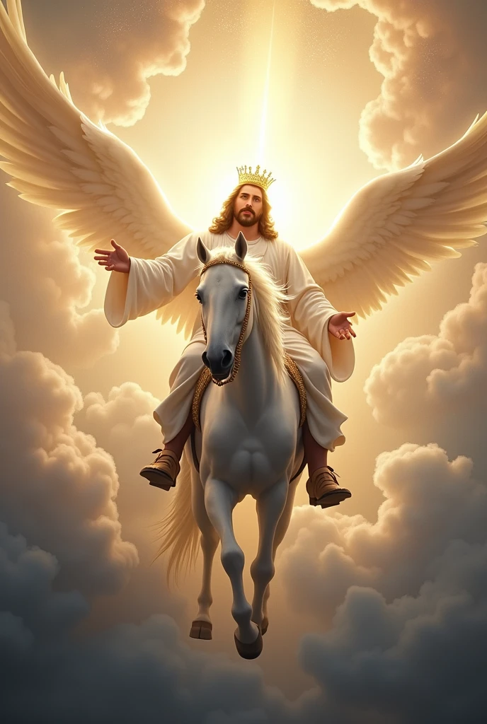 Create Jesus with his face covered in bright white light with a golden crown riding on a white horse among the clouds of heaven, surrounded by angels and below panoramic view of the earth