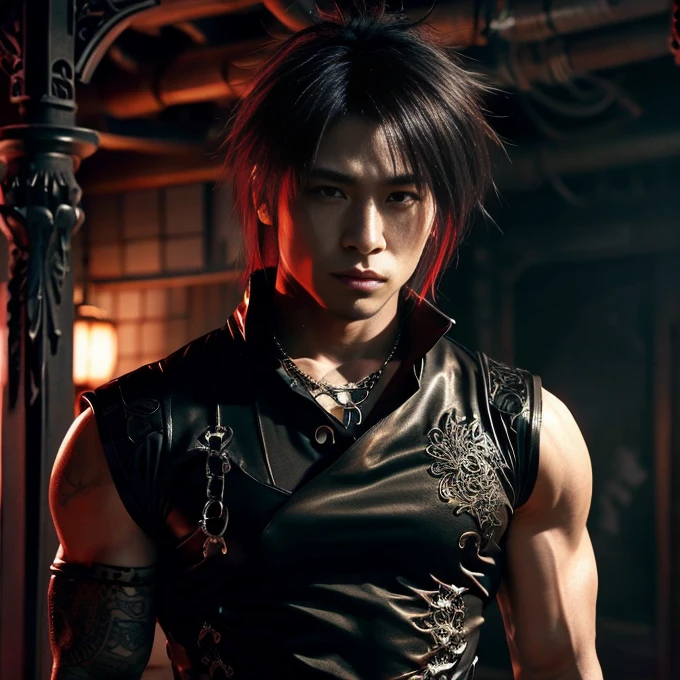 male Tiefling, Devilish horns, short black hair, pointy ears, dark atmosphere, Fantasy Character, masculine,