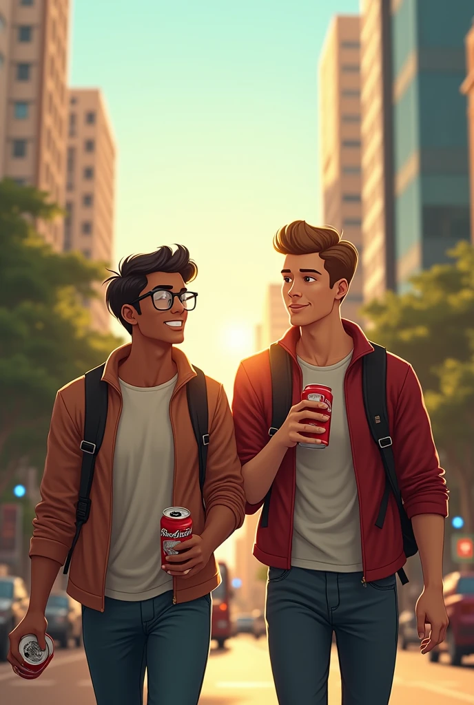 Two male friends walking on Paulista Avenue in São Paulo in the late afternoon holding a can of Budweiser beer, the man on the right is white with light brown hair and a short pompadour without glasses, the one on the left has slightly darker brown skin with dark brown hair, wearing glasses and backpack