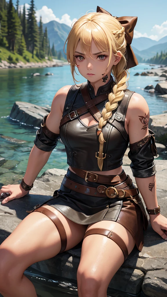 A warrior with a tattoo on her face, brown eyes and blonde hair tied in a pretty braid, glare, in a worn leather outfit, a bow in the back, sitting on the edge of a river sharpening a knife