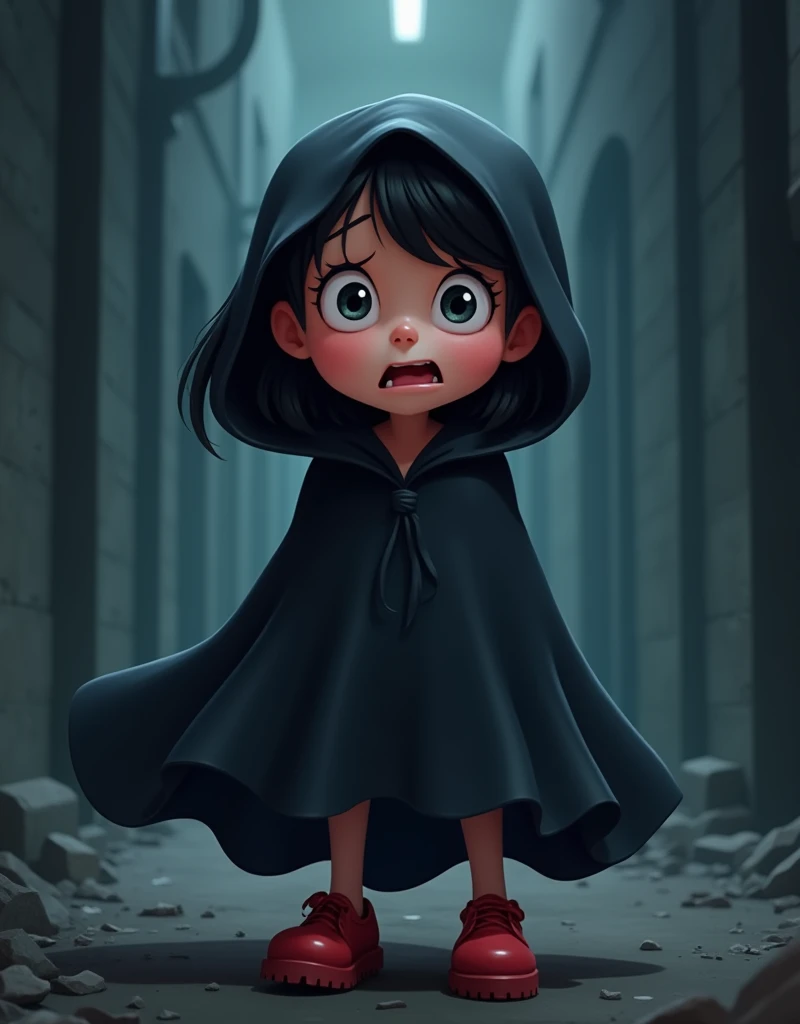 high qualiy, 8k Ultra HD, cartoon image, a age girl with a black cape and red shoes scared.