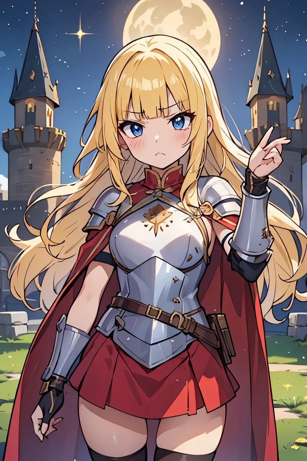 #Basics A girl is posing for a photo, animeのかわいい女の子, (((One Girl, Baby Face, Young girl, 16 years old))),
break
#Clothing Accessories
((Silver and Blue)Quinceañera(Long skirt dress)Armor of:1.6) + (Red gems embedded in(Silver and Blue)breastplate:1.6), (Black Gauntlet:1.6), (Red cape with shoulder pads:1.6), (Silver and Blue)Combat Boots:1.4 (Has a big sword:1.4
((Luxury Silver Bracelets, large silver necklace, Silver Tiara)),
break
#Features
(((blonde:1.6)), Bangs that expose the forehead:1.4, Chest-length sideburns:1.4 + Curly Hair:1.4, (Long Hair : Long Hair + Curly Hair + Rolled up + Plump and voluminous + very thick hair + Large black ribbon)),
(Droopy eyes,blue eyes), (Small breasts),
break
#Performance
(Glare, shout, anger),
#background environment
((noon, sunlight + Castles in a fantasy world:1.4)),
#composition
((To the camera:1.4, Dynamic pose:1.4, Cowboy Shot:1.4)),
break
#Body parts elements
(Detailed Hair, Beautiful Hair, Shiny Hair),
(double eyelid, Long eyelashes),
(細かい目のPerformance, Beautiful and delicate eyes, Sparkling eyes, Eye Reflexes),
(Human Ear),
(Beautiful Nose, Thin Nose),
(Glossy Lips, Beautiful Lips, Thick lips), (Symmetrical facial features),
(Detailed skin, Textured skin, Beautiful Skin),
break
#quality
(((最高quality)), ((masterpiece)), ((Very detailed))), ((High resolution), (16K,1080P)),
(Realistic), (Anatomically correct),
((comics, anime)), (3DCG), CG illustration,