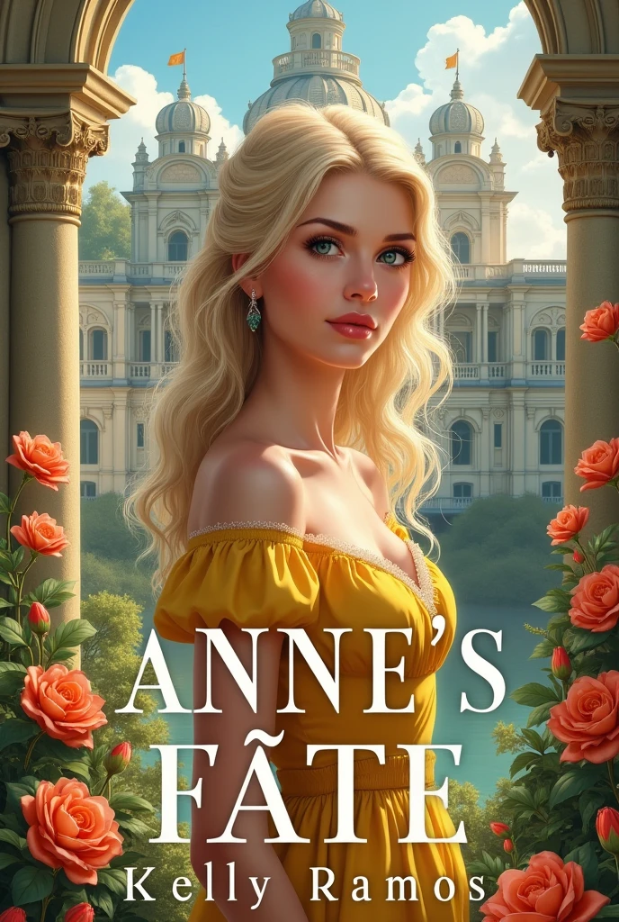 Create for me the image of the cover of my book the title (Anne's Fate) write the name in Portuguese and put my author name Kelly Ramos put a palace in the background, flowers and a young woman with an angelic face, a very realistic image of blond hair and green eyes wearing a yellow dress from the 1910s