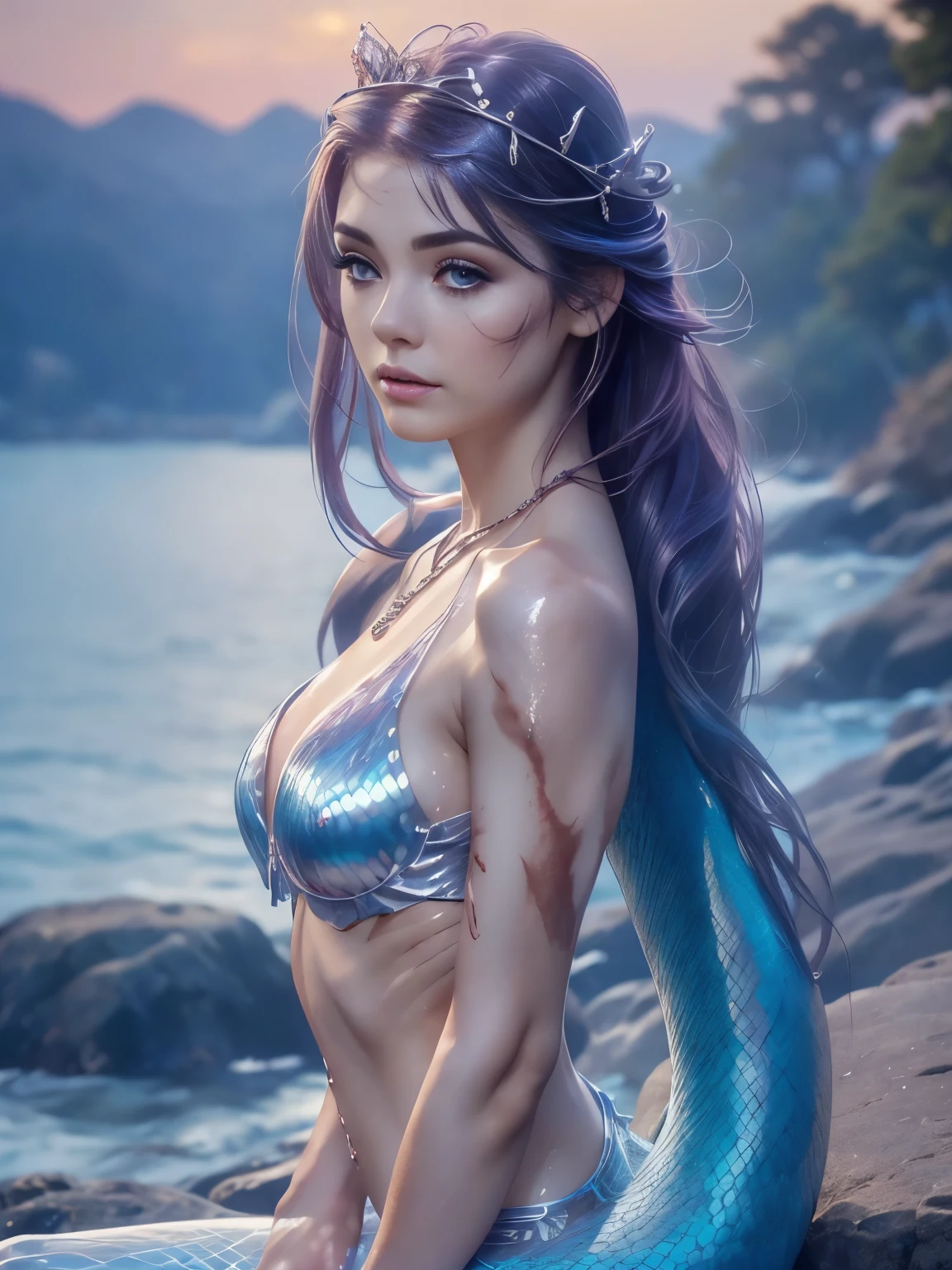 glamorous fantasy, fashion photo, perfect girl, 1 girl with messy purple hair, skinny, mermaid girl sitting on rock near sea, mermaid body and tail with shiny scales, pure eyes, makeup, details, higly detailed, Fashion Magazine, sunset, rim light, cinematic lighting, (burn scar on the right side of the face:1.3), (burn scar on the right side of the body:1.3), (clear left side of the body:1.2), hair over right eye, ((disheveled hair)), stands half-turned, no underwear, full height, abs, fit girl, (great proportion:1.2), (mediuml breast:1.2), 8k, tiara, necklace, face
