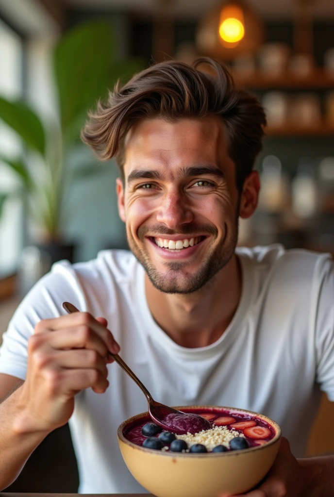 realistic young man, At the acai shop ,eating acai , ultra HD, high qualiy, best qualityer, high resolution 18k