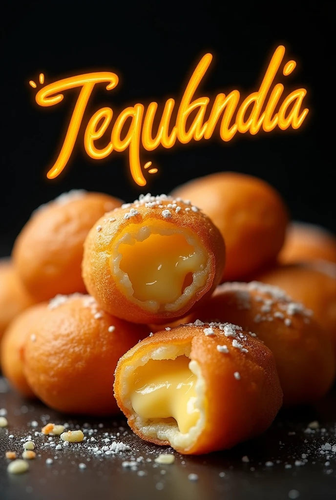 An image of Venezuelan tequeños that says tequelandia With a black background with orange super creative 