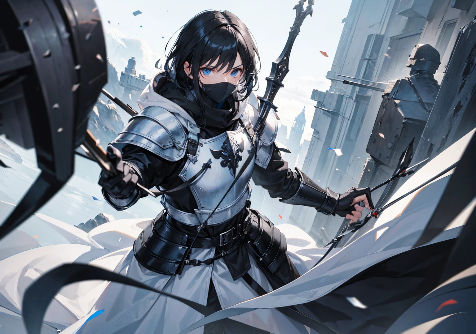 best quality, masterpiece, black hair, blue eyes, male focus, man in a white armor with a bow and arrow, wearing leather assassin armor, blacksmith's outfit, flowing robes and leather armor, black leather armour, tied leather armor, with a light leather armor, clothed in stealth armor, wearing cloak on blasted plain, black leather armor, covered in full leather armor, pale black armor, white hood, white half-mask on face, whote pants, white boots