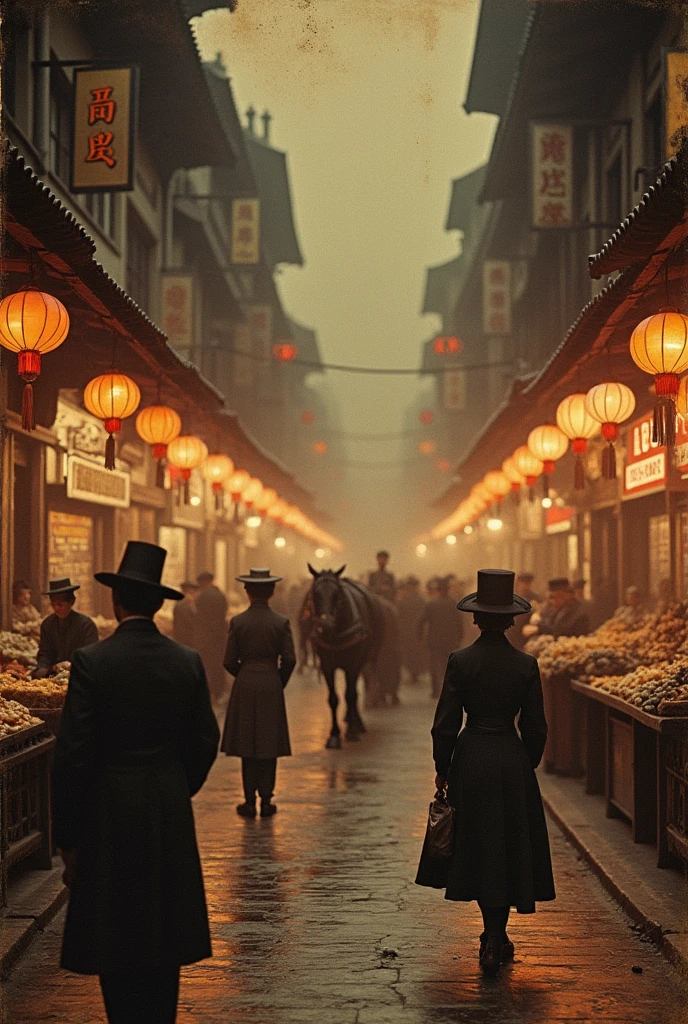 Archive photographique sépia usé abîmé. photo prise sur le vif. Scène de vie année 1900. Valeur historique. Longue vie sur la célèbre rue de Nankin à Shanghai. Rue marchande avec pleins de villageois costume d'époque en train de se promener et faire des courses. Pancartes avec inscriptions chinoises sur les devantures de magasin. Deux carrosses avec chevaux en arrière plan en train de marcher. Couleurs ternes d'antan. Pellicule photo. Sombre nuit. Lanternes lumineuses.