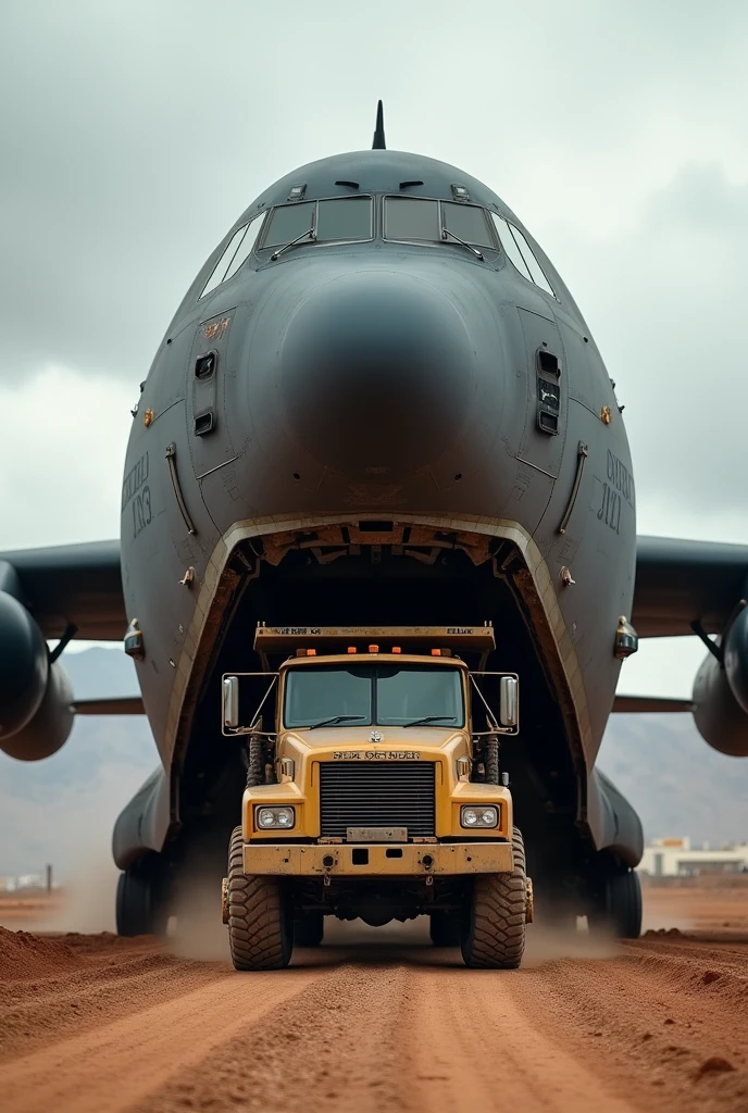 create an image of an american C-130 military plane with a mack defense heavy dump truck coming out the back ramp