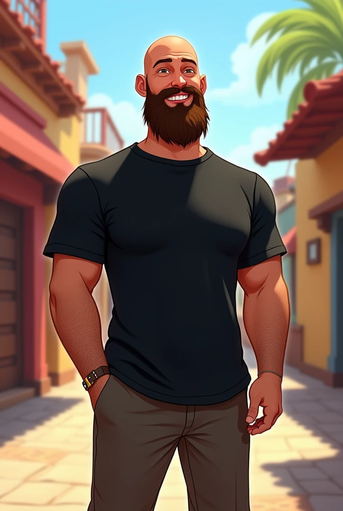 create a disney and pixar style drawing of a tall bald character, with medium beard, and in a black t-shirt and pants.