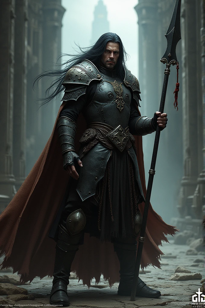 Generate a grown man who looks like Ronnie Radke. He has long black hair. He wears black and grey armor with a long brown cloak and hood. He holds a lance with a wide blade. Dark castle in background. Dark fantasy style. Realistic digital drawn image.