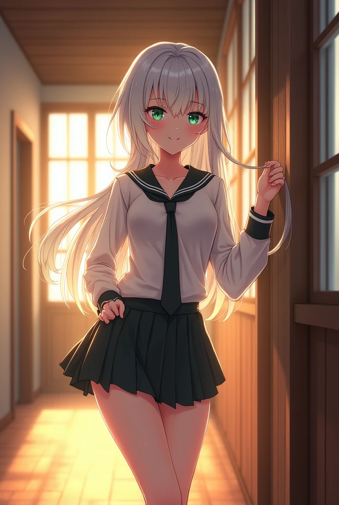 Sure! Here's a detailed prompt for an anime-style scene featuring Isabella Neves:
---
**Isabella Neves is standing alone in a sunlit corridor of the rustic country school, her back leaning casually against a wooden wall. She is about 5'8", tall for a girl, with a slender yet curvaceous build that catches the eye. Her pale skin contrasts sharply with her striking white hair, which cascades in loose, flowing waves down to her mid-back, framing her delicate, heart-shaped face. Light freckles dust her cheeks and nose, adding a touch of youthful innocence to her otherwise bold appearance.**
**She wears a revealing school uniform that accentuates her figure—a short skirt that flutters just above mid-thigh, and a form-fitting blouse that hugs her curves, the top few buttons provocatively undone to reveal a hint of cleavage. The skirt, in a deep, rich shade of blue, contrasts with the crisp white blouse, while a slim black tie hangs loosely around her neck, adding a touch of rebellious flair.**
**Isabella's vibrant emerald eyes gleam with mischievous energy as she gazes off to the side, a sly, almost playful smile tugging at the corners of her lips. Her expression is a mix of confidence and curiosity, hinting at her bold personality and unspoken secrets. With one hand, she lightly twirls a lock of her white hair, while the other rests casually on her hip.**
**The scene captures a moment of stillness—Isabella is lost in thought, perhaps plotting her next adventure or contemplating a recent encounter. The sunlight streaming through the corridor windows casts a soft glow around her, highlighting the ethereal quality of her appearance. Her posture, relaxed yet assertive, and the subtle, playful expression on her face, perfectly encapsulate her daring yet innocent nature.**
---
This description would work well for an anime-style depiction of Isabella, emphasizing her unique look and personality.