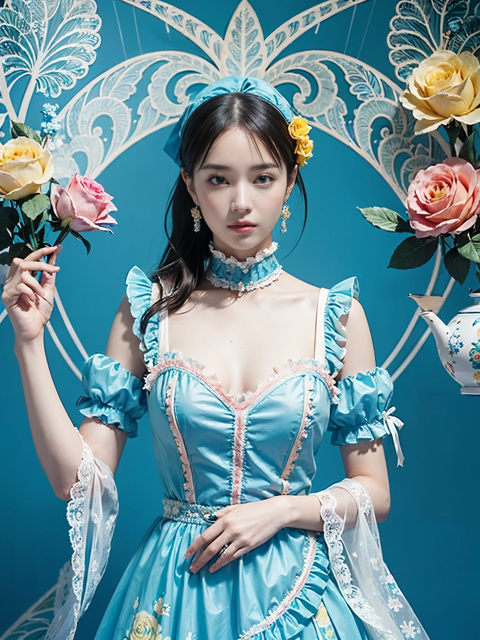 (masterpiece、top-quality、top-quality、Official art、Beautifully Aesthetic:1.2)、(One girl:1.3)、A highly detailed、(Fractal Art:1.1)、(colourfull:1.1), (florals:1.3)、The most detailed、(Zentangle:1.2)、full body Esbian、(Blue sky and rose garden:1.3)、(shinny skin)、(Many colors:1.4), (pluma:1.5)、masterpiece、top-quality、top-quality、Official art、Beautifully Aesthetic:1.2)、(1girl in)、ighly detailed、(Fractal Art:1.3)、colourfull、highestdetailed、long、A dark-haired、big eye、Women in Japan、(Ruffle frills, extremely detailed Chiffon Lace Ribbon Suspenders, (turquoise blue and yellow Stripe Design Pastel Coloring extremely detailed dress),extremely detailed Big Ribbon Headband, extremely detailed Open Colorborn, extremely detailed puff sleeves, extremely detailed Tied thin ribbon corset, extremely detailed Balloon skirt, extremely detailed White Net Tights, Colorful star-shaped bead accessories)、Cute table、Drinking tea、Tea、teapot、macaroons, You can see the castle behind