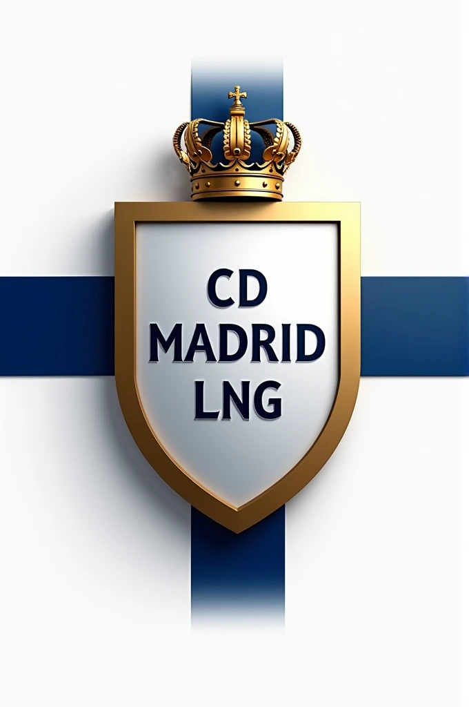Create a shield with the name CD MADRID LNG with a golden crown and on the shield with golden edges and a white background and a blue vertical stripe 