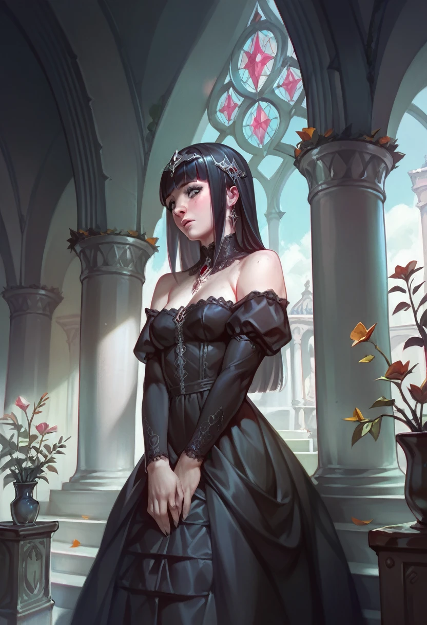 score_9, score_8_up, score_7_up, score_6_up, score_5_up, score_4_up, best aesthetic,high quality, 1girl, pale skinned, detailed, black dress, shy, looking down, grey eyes, hime cut hair,