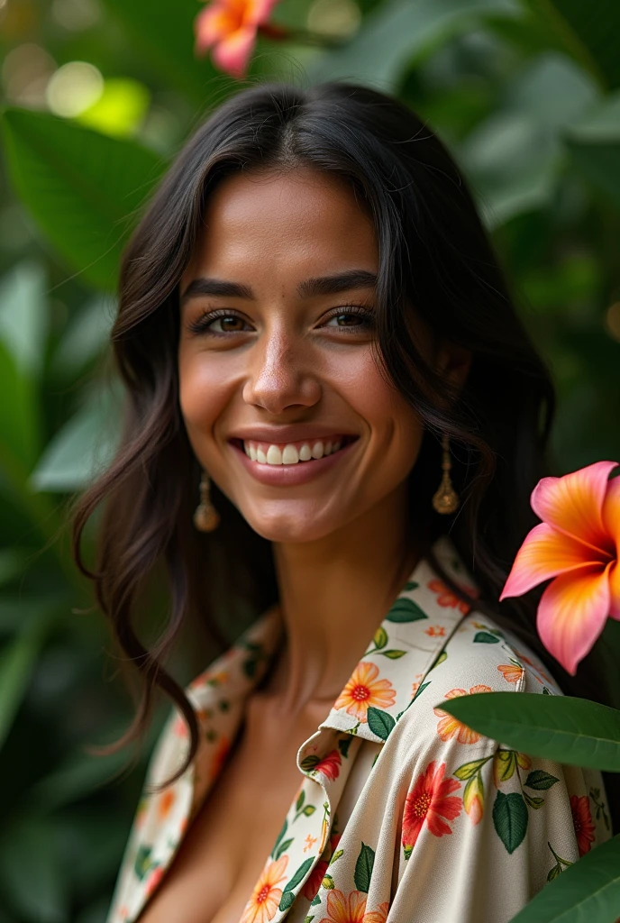 A Brazilian woman in a lush tropical garden, wearing an open shirt with a floral print, with a close-up capturing the harmonious beauty between her breasts and the natural flowers, showing off your natural charm and outgoing personality.