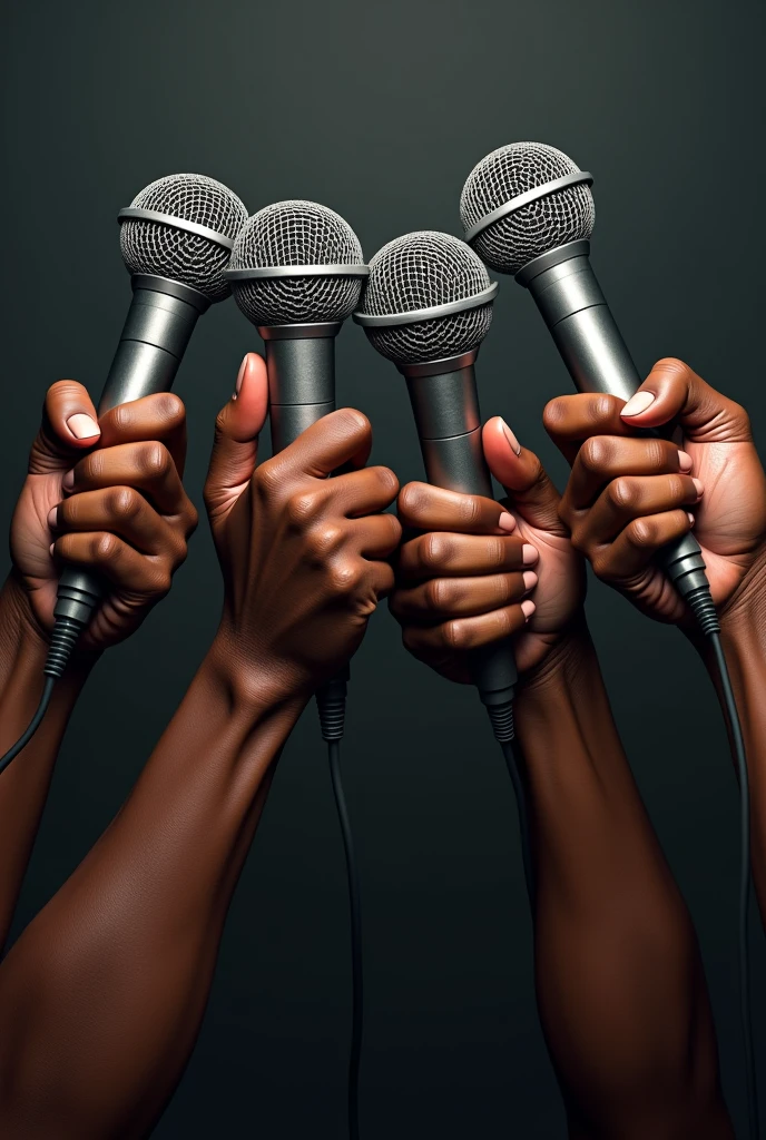 4 muscular African hands holding microphones 